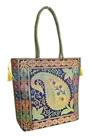 Embroidery Silk Handicraft Hand Bag, Shoulder, Tote Bag For Ladies (13 x 11.5 x 7.5 Inches, Leaves & Flower, Violet Color)