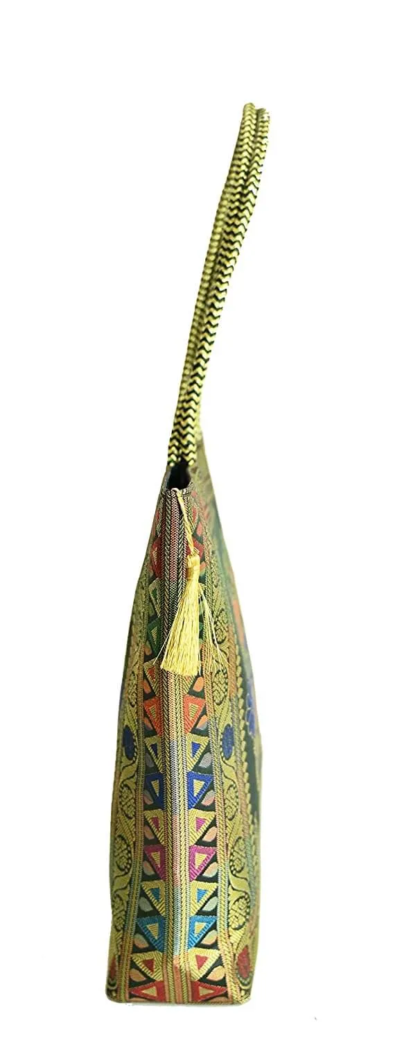 Embroidery Silk Handicraft Hand Bag, Shoulder, Tote Bag For Ladies (13 x 11.5 x 7.5 Inches, Rangoli, Dark Green (Kai Color))