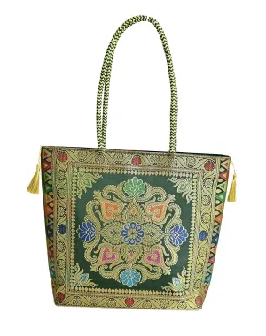 Embroidery Silk Handicraft Hand Bag, Shoulder, Tote Bag For Ladies (13 x 11.5 x 7.5 Inches, Rangoli, Dark Green (Kai Color))