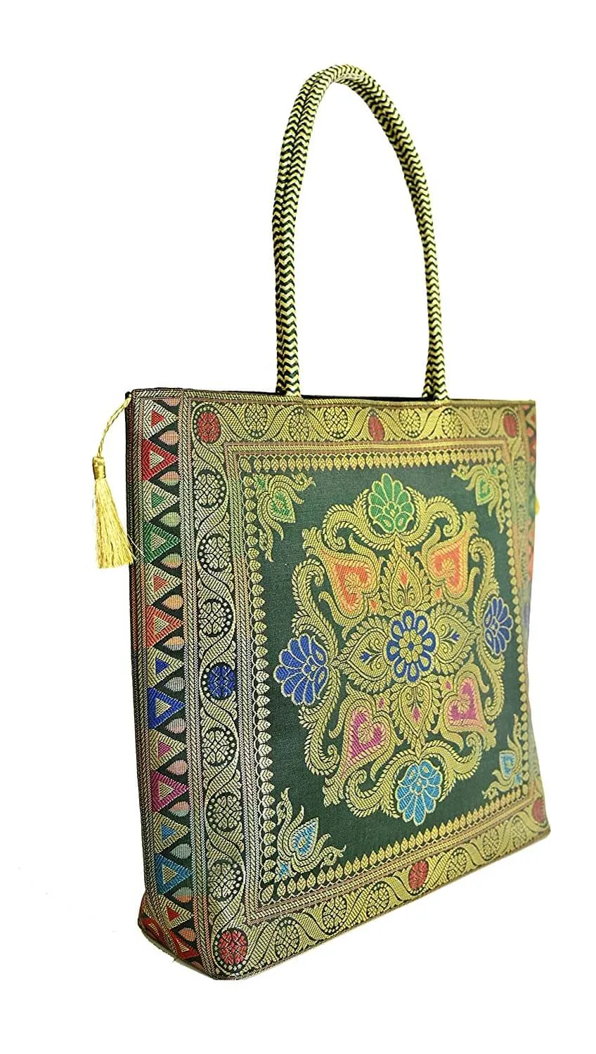 Embroidery Silk Handicraft Hand Bag, Shoulder, Tote Bag For Ladies (13 x 11.5 x 7.5 Inches, Rangoli, Dark Green (Kai Color))