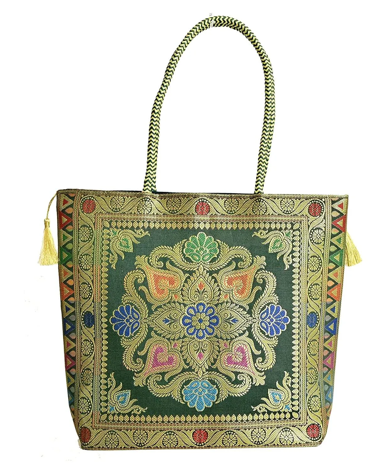 Embroidery Silk Handicraft Hand Bag, Shoulder, Tote Bag For Ladies (13 x 11.5 x 7.5 Inches, Rangoli, Dark Green (Kai Color))