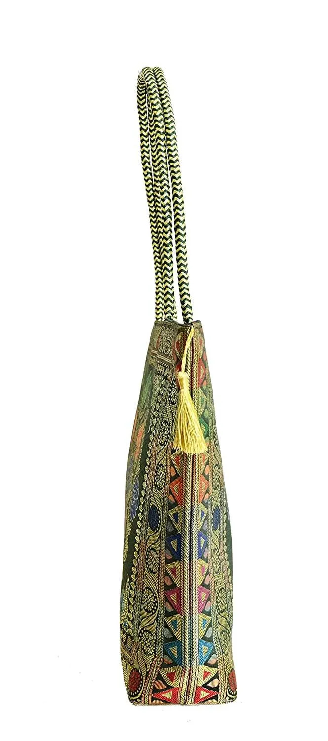 Embroidery Silk Handicraft Hand Bag, Shoulder, Tote Bag For Ladies (13 x 11.5 x 7.5 Inches, Rangoli, Dark Green (Kai Color))