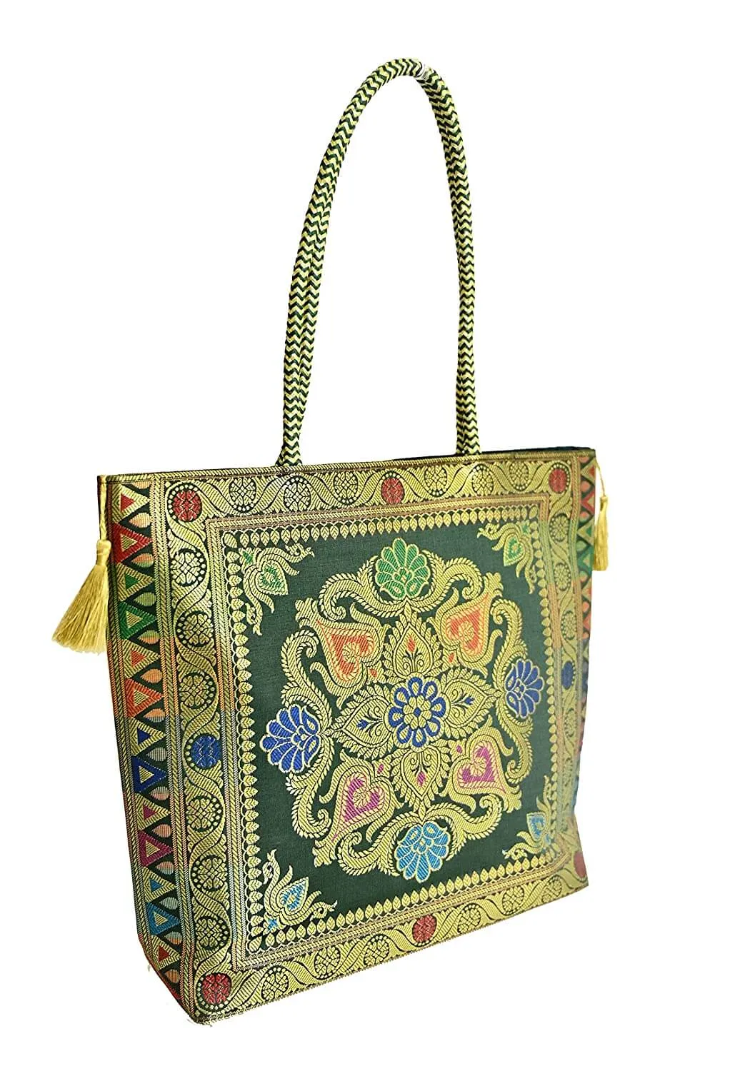 Embroidery Silk Handicraft Hand Bag, Shoulder, Tote Bag For Ladies (13 x 11.5 x 7.5 Inches, Rangoli, Dark Green (Kai Color))