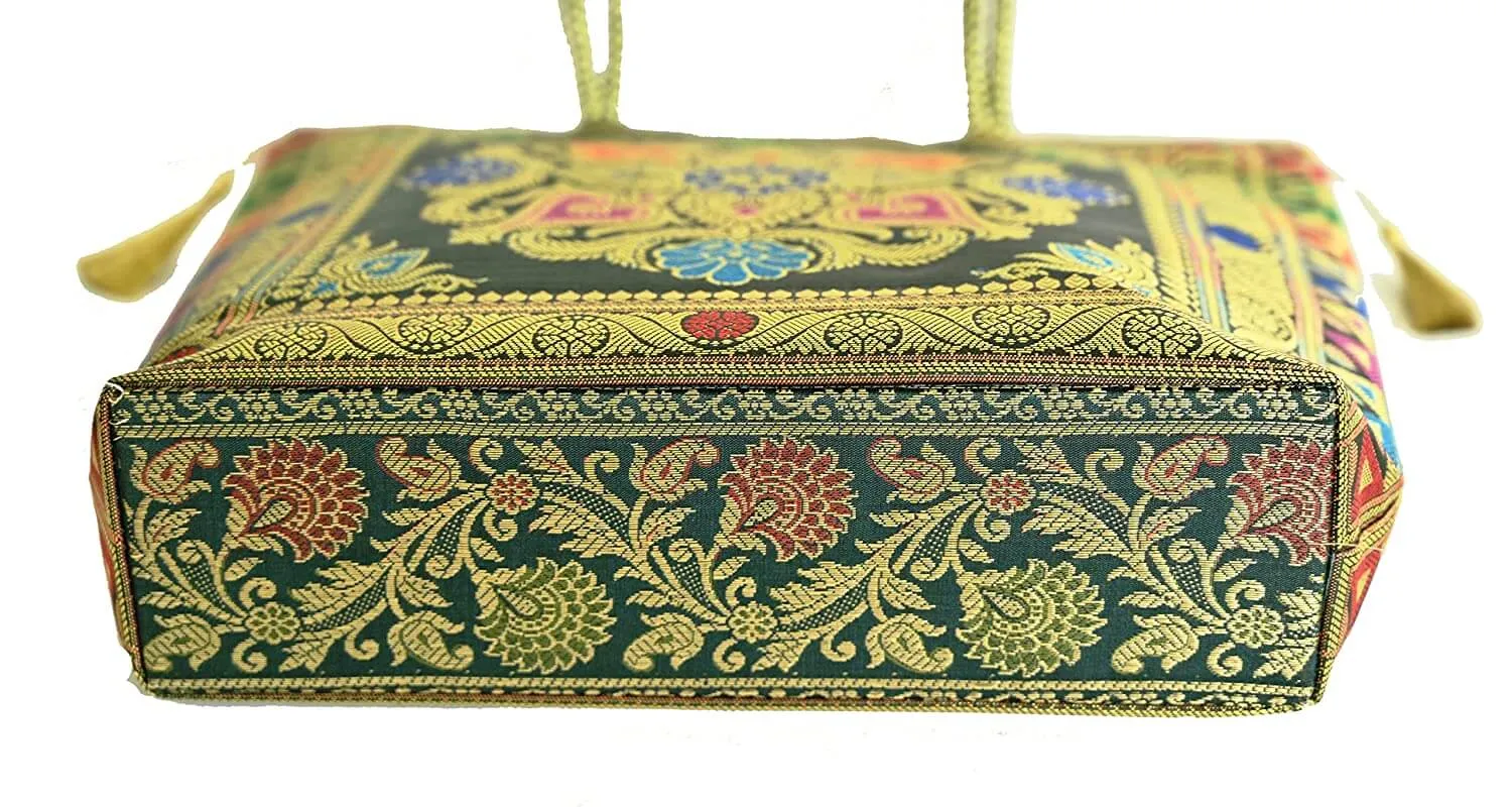 Embroidery Silk Handicraft Hand Bag, Shoulder, Tote Bag For Ladies (13 x 11.5 x 7.5 Inches, Rangoli, Dark Green (Kai Color))