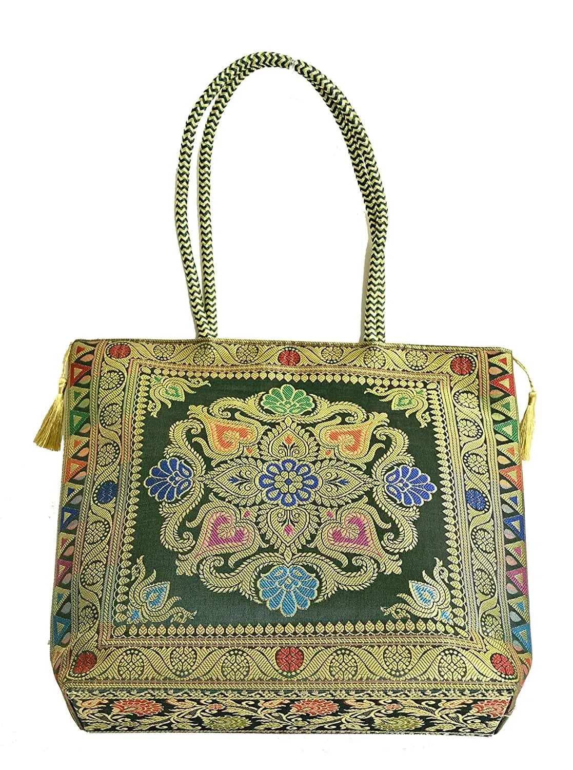 Embroidery Silk Handicraft Hand Bag, Shoulder, Tote Bag For Ladies (13 x 11.5 x 7.5 Inches, Rangoli, Dark Green (Kai Color))