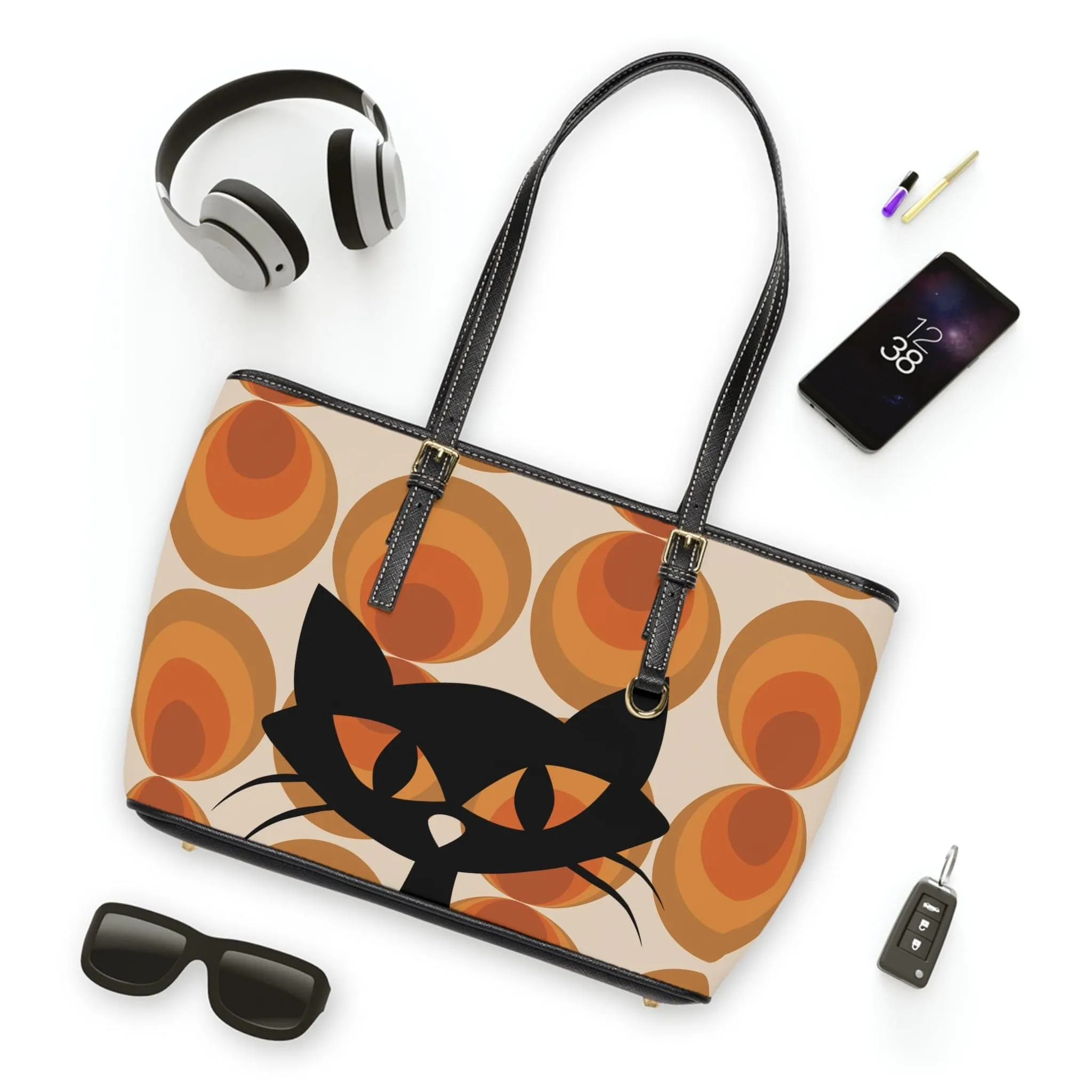 Groovy 70's Retro Orbs With Atomic Kitty Cat, Kitschy Fun Shoulder Bag