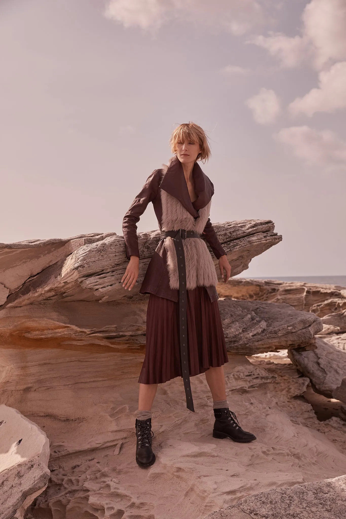 Park Avenue Pleat Skirt Shiraz Leather - SAMPLE