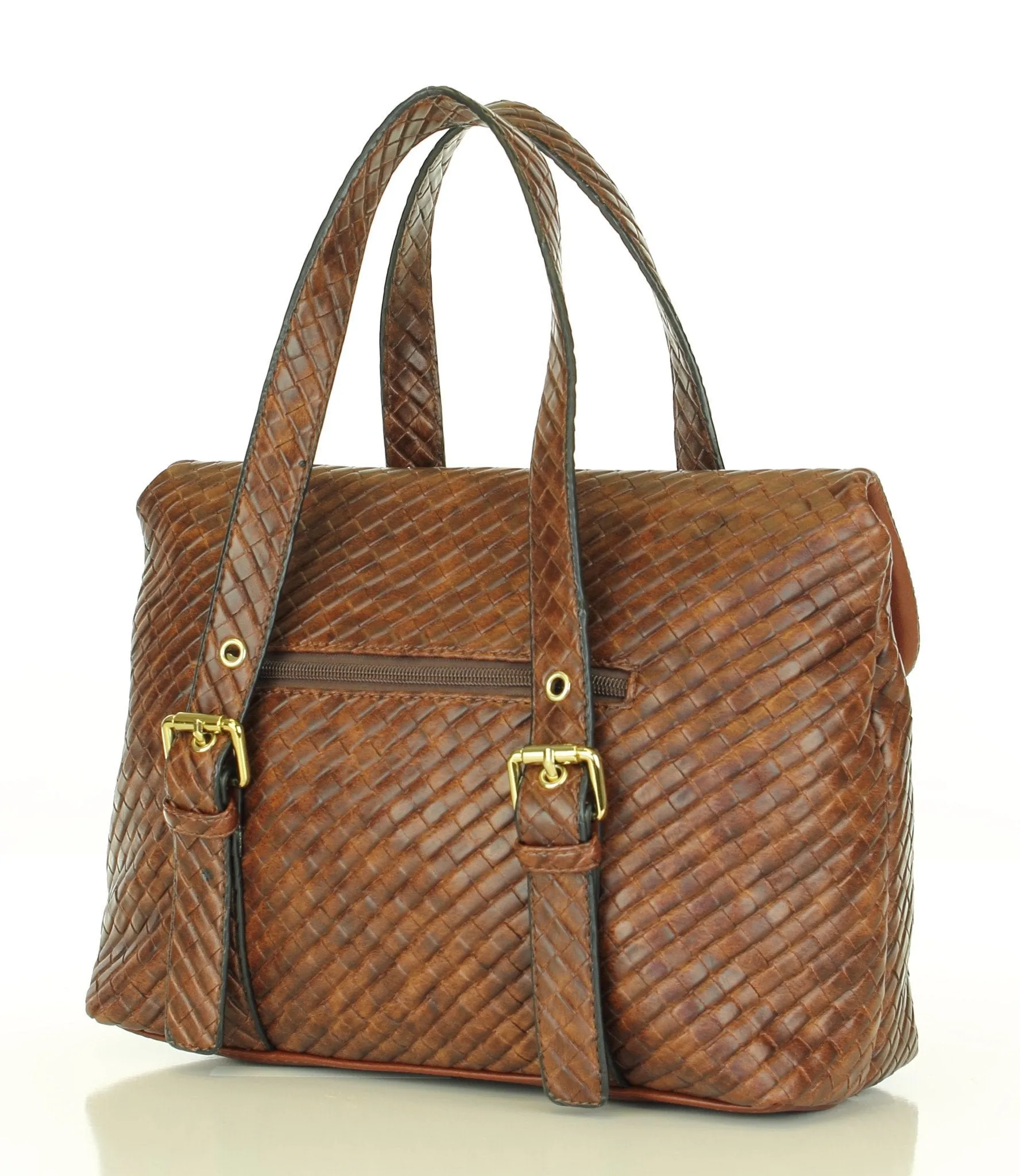 Weave Texture Looker Satchel Handbag - Brown